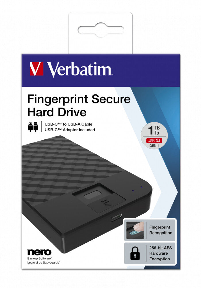 Verbatim Fingerprint Secure Portable Hard Drive in Black - 1 TB