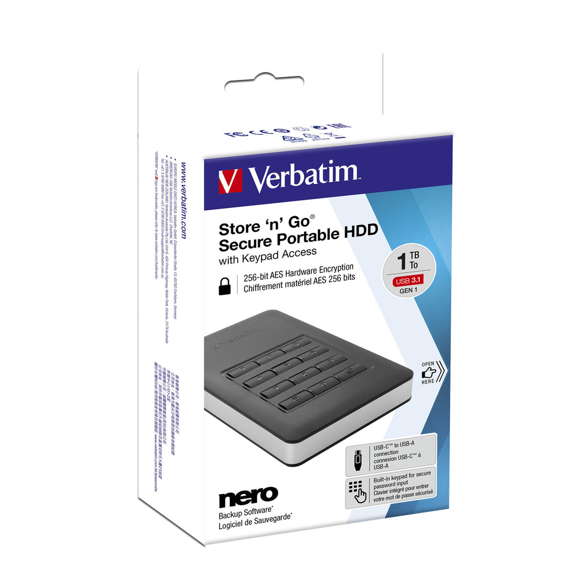 Verbatim Store &#39;n&#39; Go Secure Portable HDD with Keypad Access in Black / Silver - 2 TB