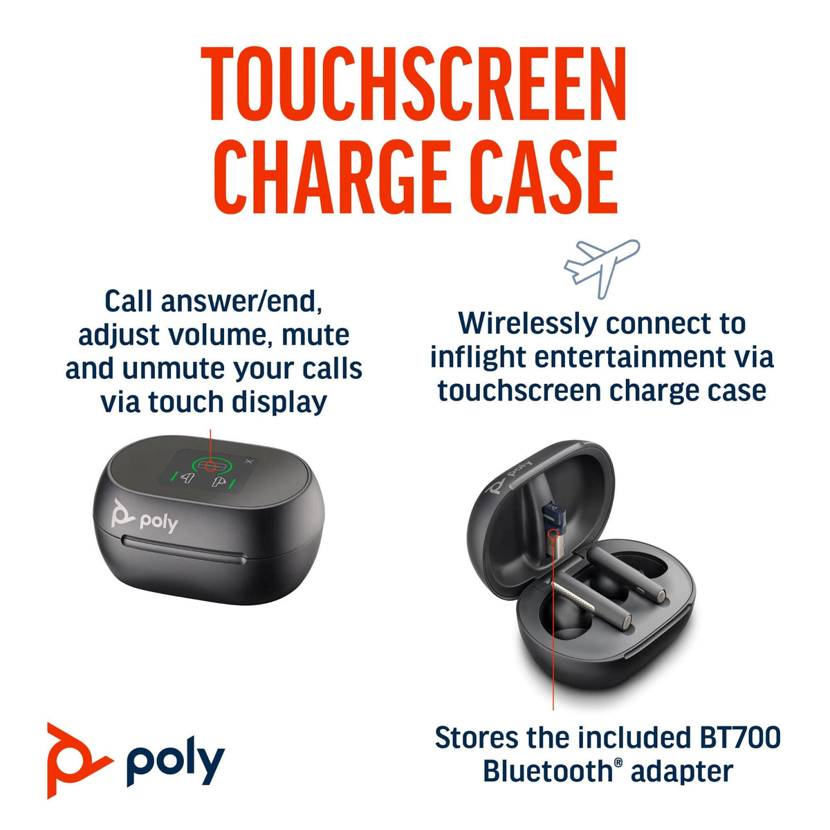 POLY Voyager Free 60+ UC - True Wireless Stereo (TWS) Earbuds in Carbon Black + BT700 USB-A Adapter + Touchscreen Charge Case