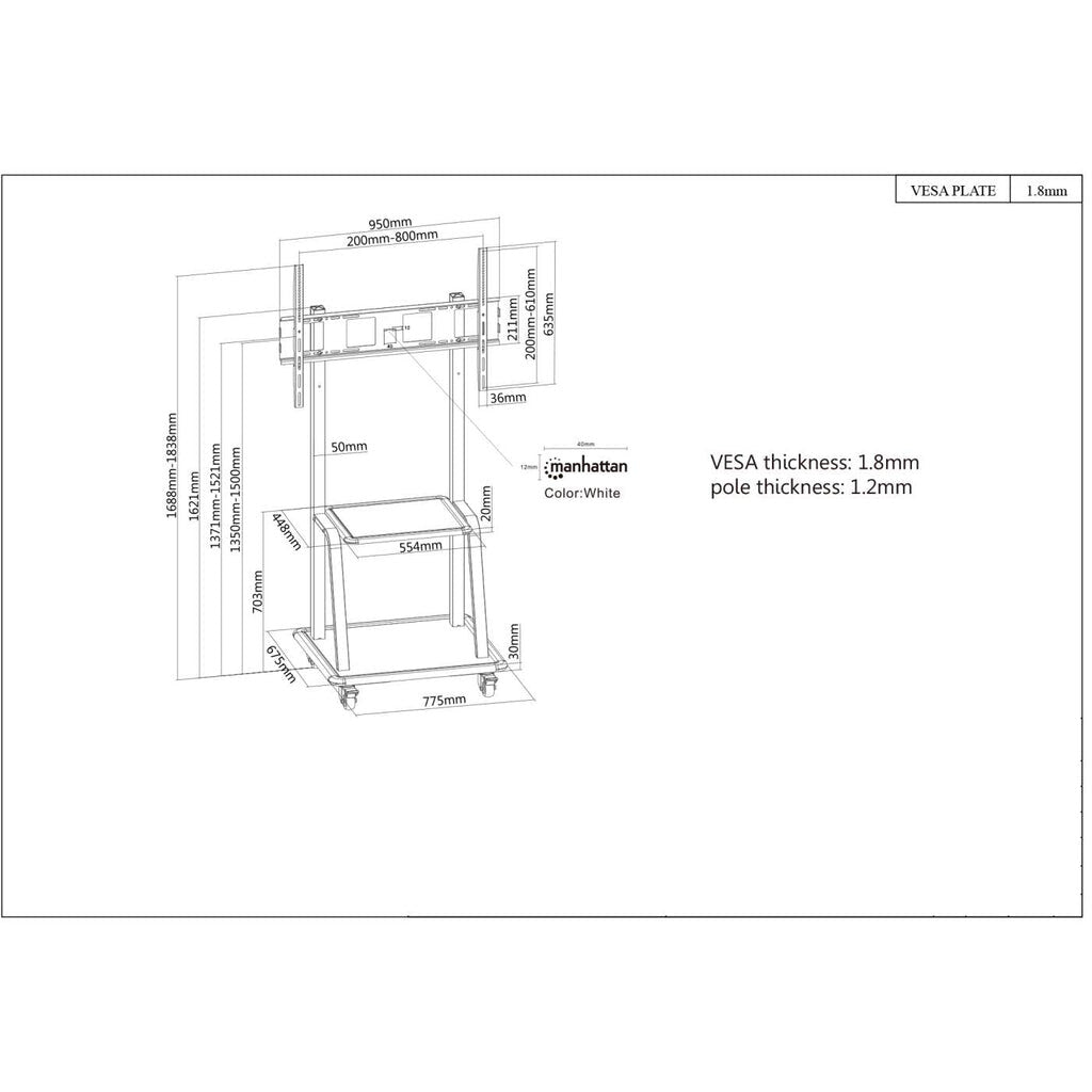 Manhattan 461665 - Trolley TV stand for 94 cm (37&quot;) to 2.54 m (100&quot;)