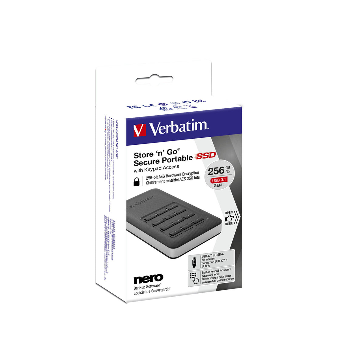 Verbatim Store &#39;n&#39; Go Portable SSD with Keypad Access in Black / Silver - 256 GB