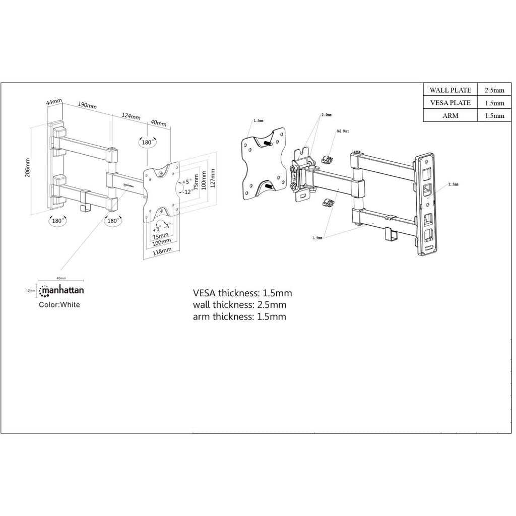 Manhattan 461382 - Wall monitor mount for 33 cm (13&quot;) to 68.6 cm (27&quot;)