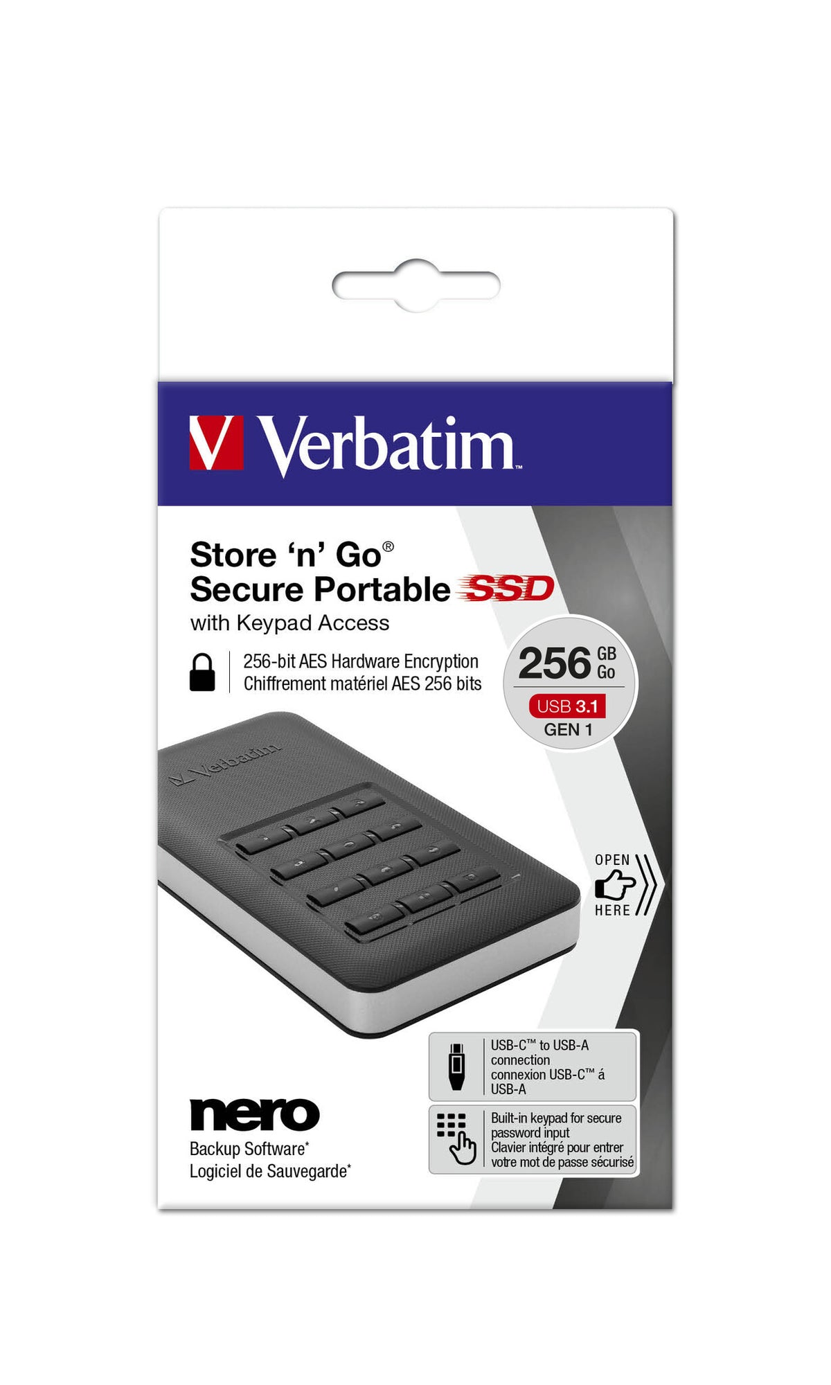 Verbatim Store &#39;n&#39; Go Portable SSD with Keypad Access in Black / Silver - 256 GB