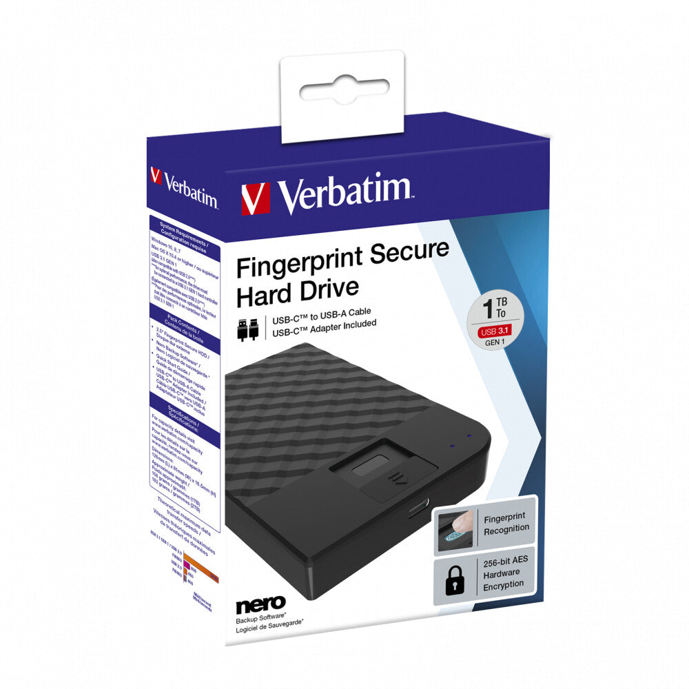 Verbatim Fingerprint Secure Portable Hard Drive in Black - 1 TB