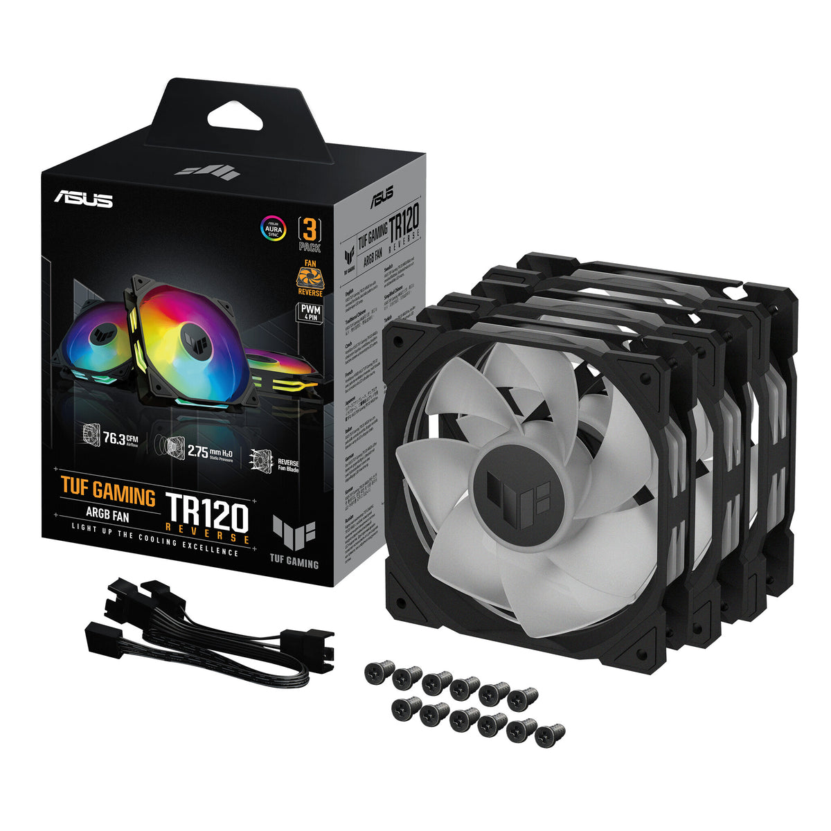 ASUS TUF Gaming TR120 ARGB Reverse - Computer Case Fan in Black - 120mm (Pack of 3)