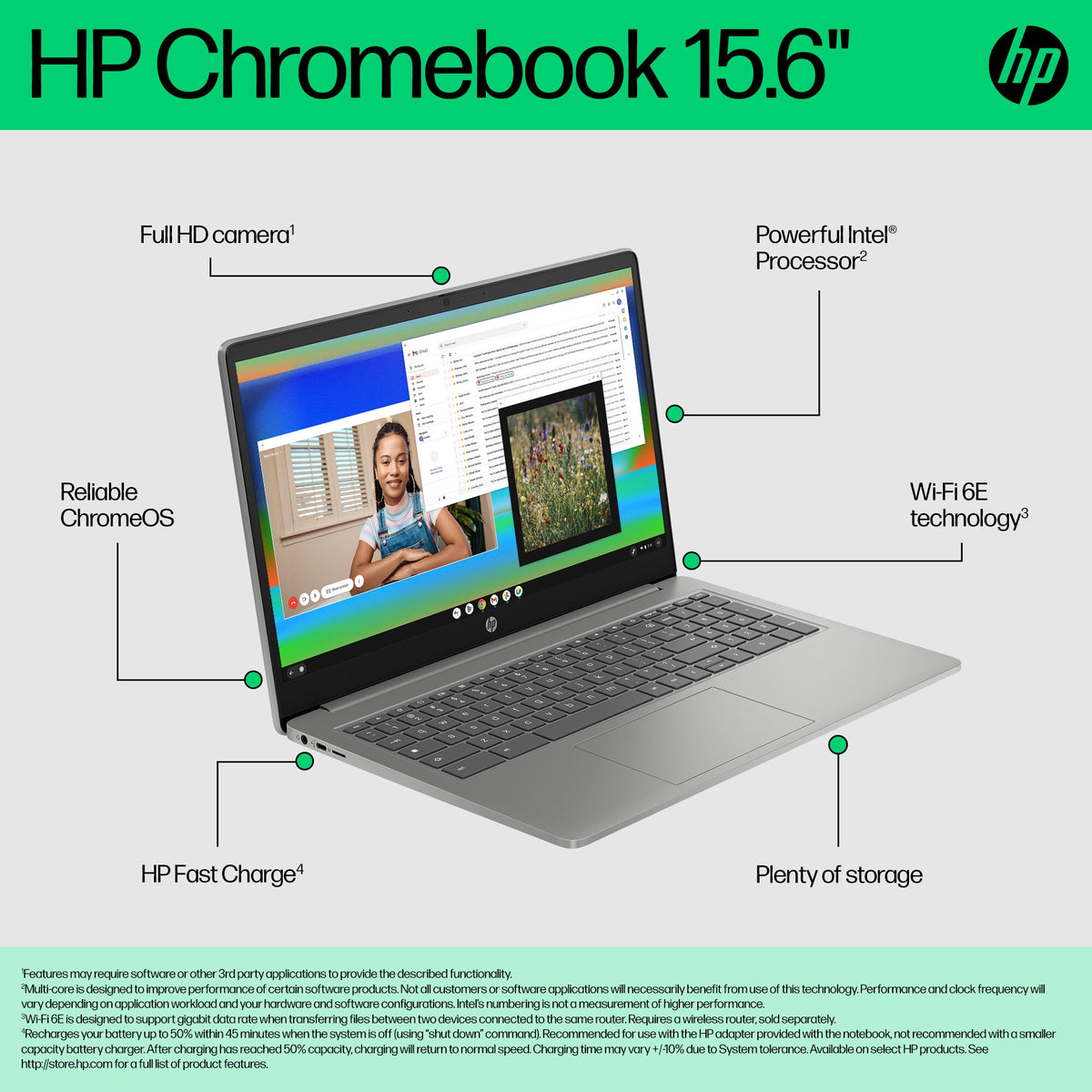 HP Chromebook Plus - 39.6 cm (15.6&quot;) - Intel® Core™ i3-N305 - 8 GB LPDDR5-SDRAM - 256 GB Flash - Wi-Fi 6 - ChromeOS - Silver