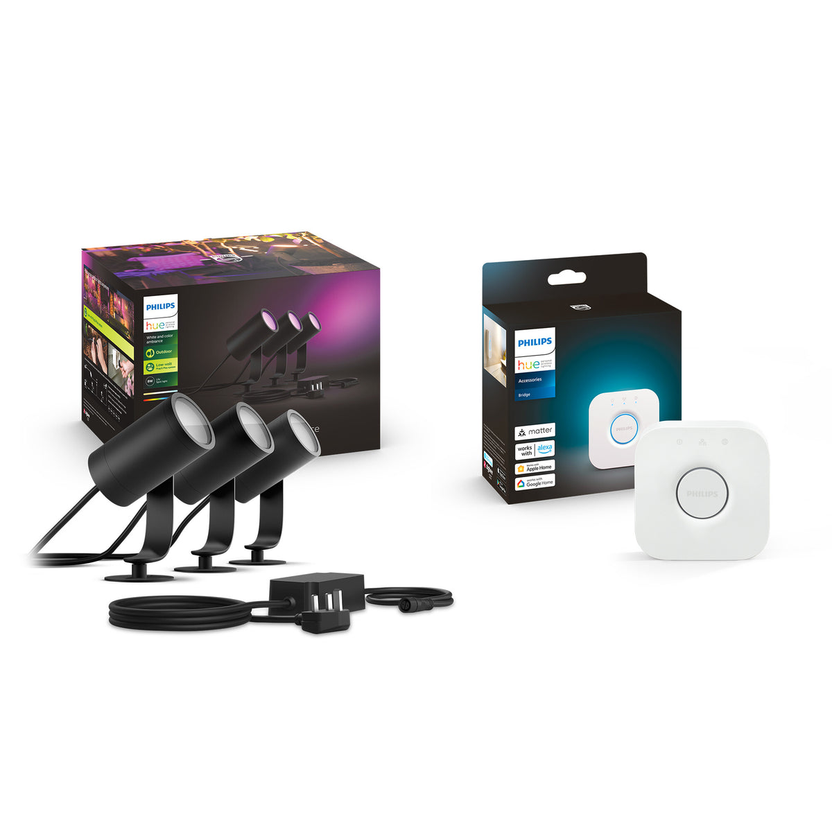 Philips Hue Lily Outdoor Lights Base Kit in Black - White and colour ambience (Pack of 3 &amp; Bridge)