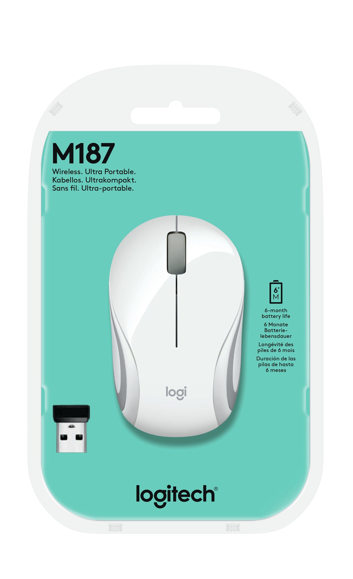 Logitech M187 - RF Wireless Mini Mouse in White / Silver - 1,000 DPI