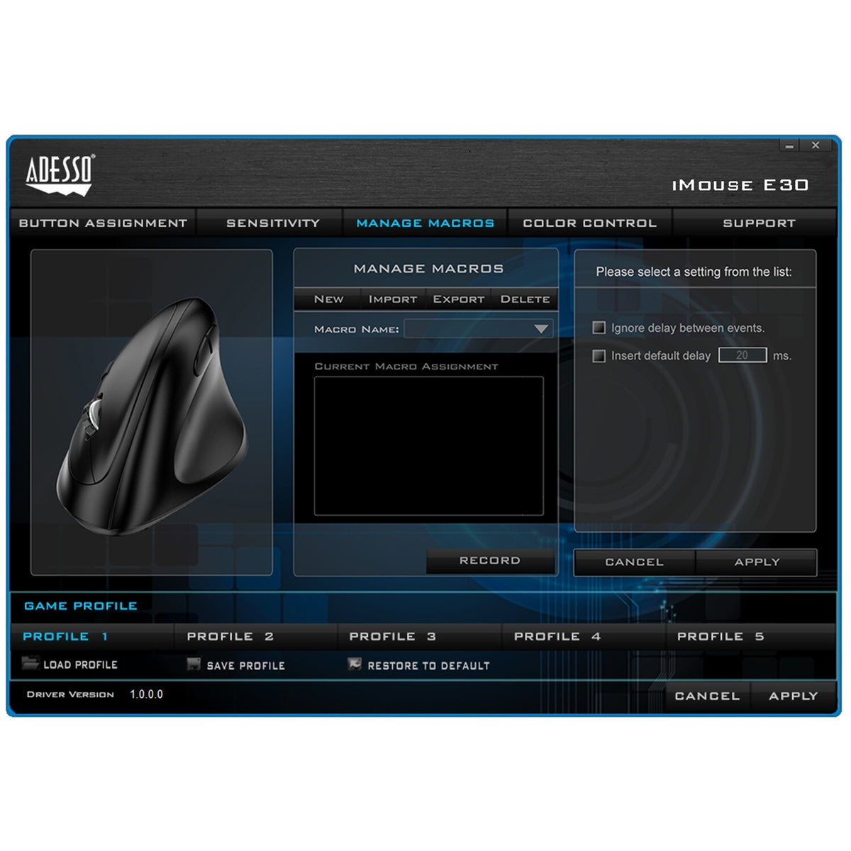 Adesso iMouse E30 - 2.4 GHz RF Wireless Vertical Optical Mouse in Black - 2,400 DPI