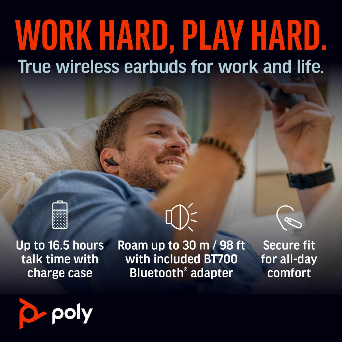 POLY Voyager Free 60+ UC - True Wireless Stereo (TWS) Earbuds in Carbon Black + BT700 USB-C Adapter + Touchscreen Charge Case