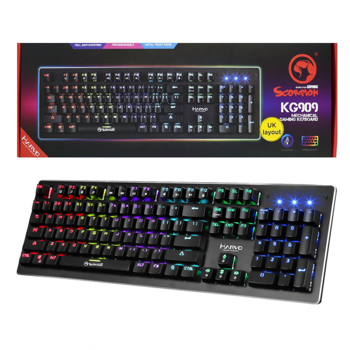 Marvo Scorpion KG909 - USB Wired RGB Mechanical Gaming Keyboard in Black (QWERTY UK English)