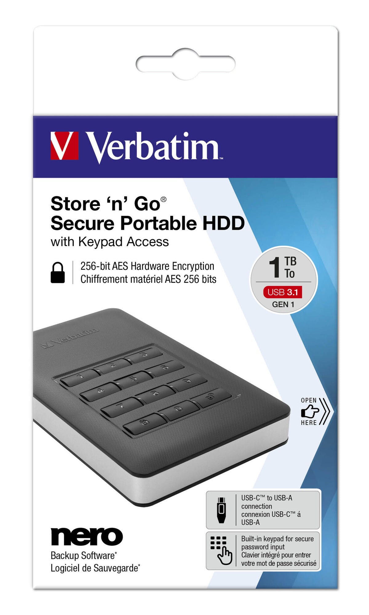 Verbatim Store &#39;n&#39; Go Secure Portable HDD with Keypad Access in Black / Silver - 2 TB