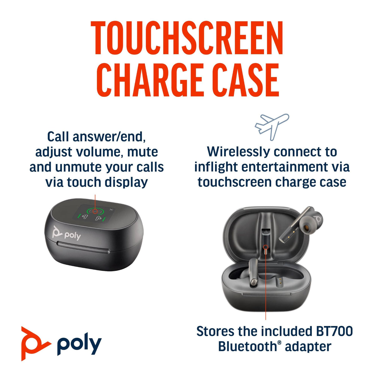 POLY Voyager Free 60+ UC - True Wireless Stereo (TWS) Earbuds in Carbon Black + BT700 USB-C Adapter + Touchscreen Charge Case