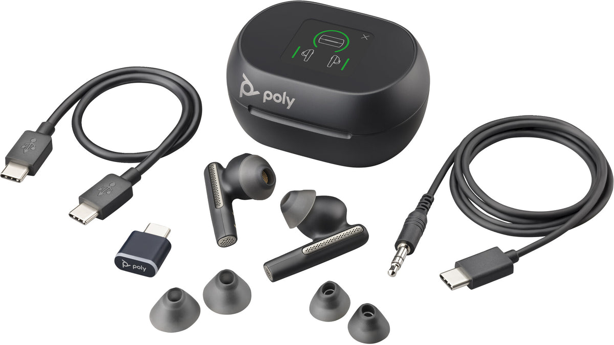 POLY Voyager Free 60+ UC - True Wireless Stereo (TWS) Earbuds in Carbon Black + BT700 USB-C Adapter + Touchscreen Charge Case