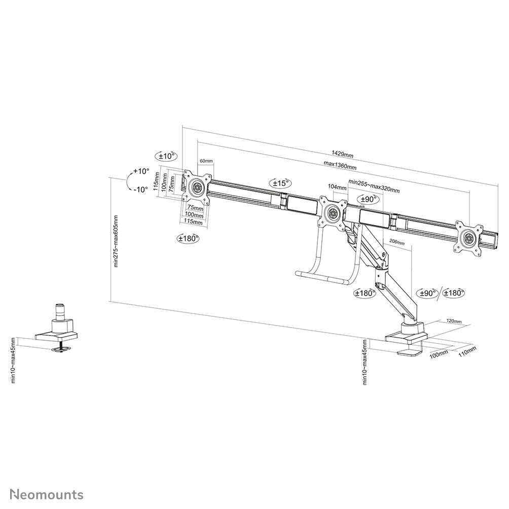 Neomounts NM-D775DX3BLACK - Desk monitor mount for 43.2 cm (17&quot;) to 68.6 cm (27&quot;)