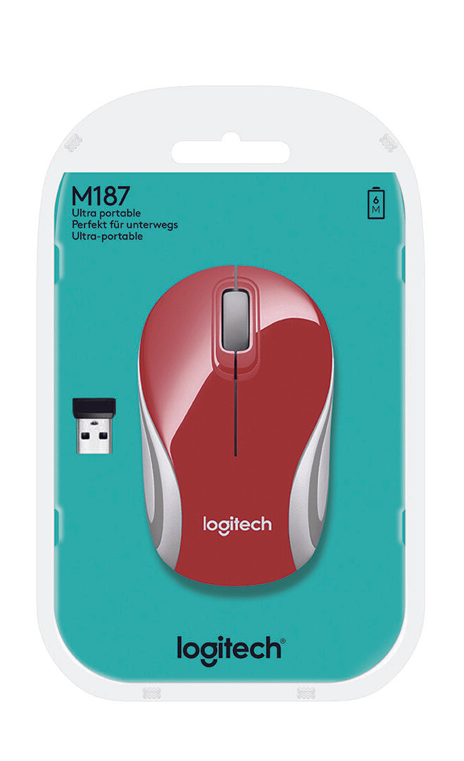 Logitech M187 - RF Wireless Mini Mouse in Red - 1,000 DPI