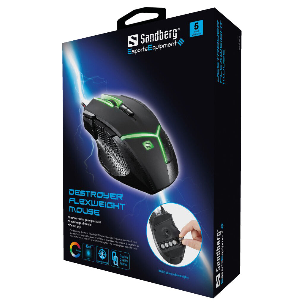 Sandberg Destroyer FlexWeight - USB Wired Mouse in Black - 4,00 DPI