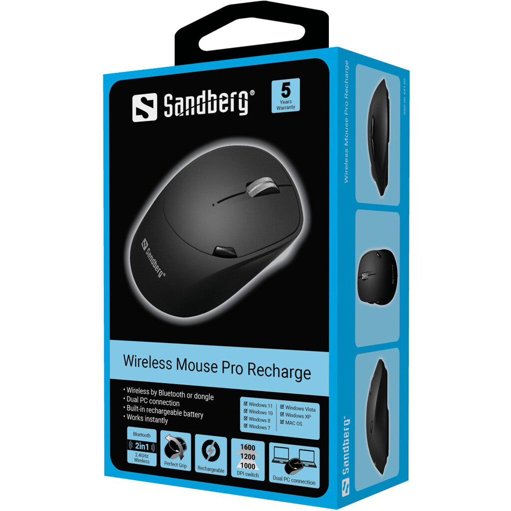 Sandberg Pro Recharge - RF Wireless + Bluetooth Mouse - 1,600 DPI